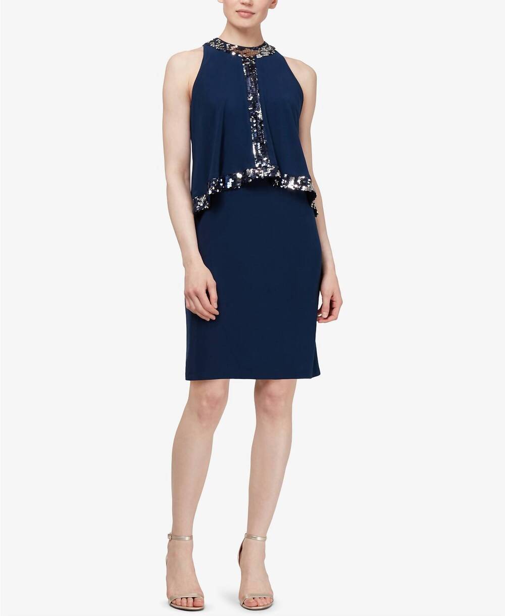 NEW S.L. FASHIONS sequin trim popover sleeveless jewel cocktail dress in navy